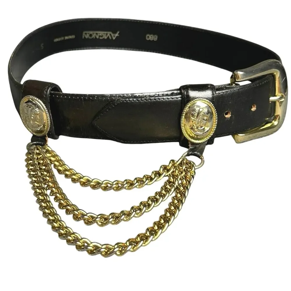 Vintage Avignon black leather chain belt SM gold medallion old money Renaissance
